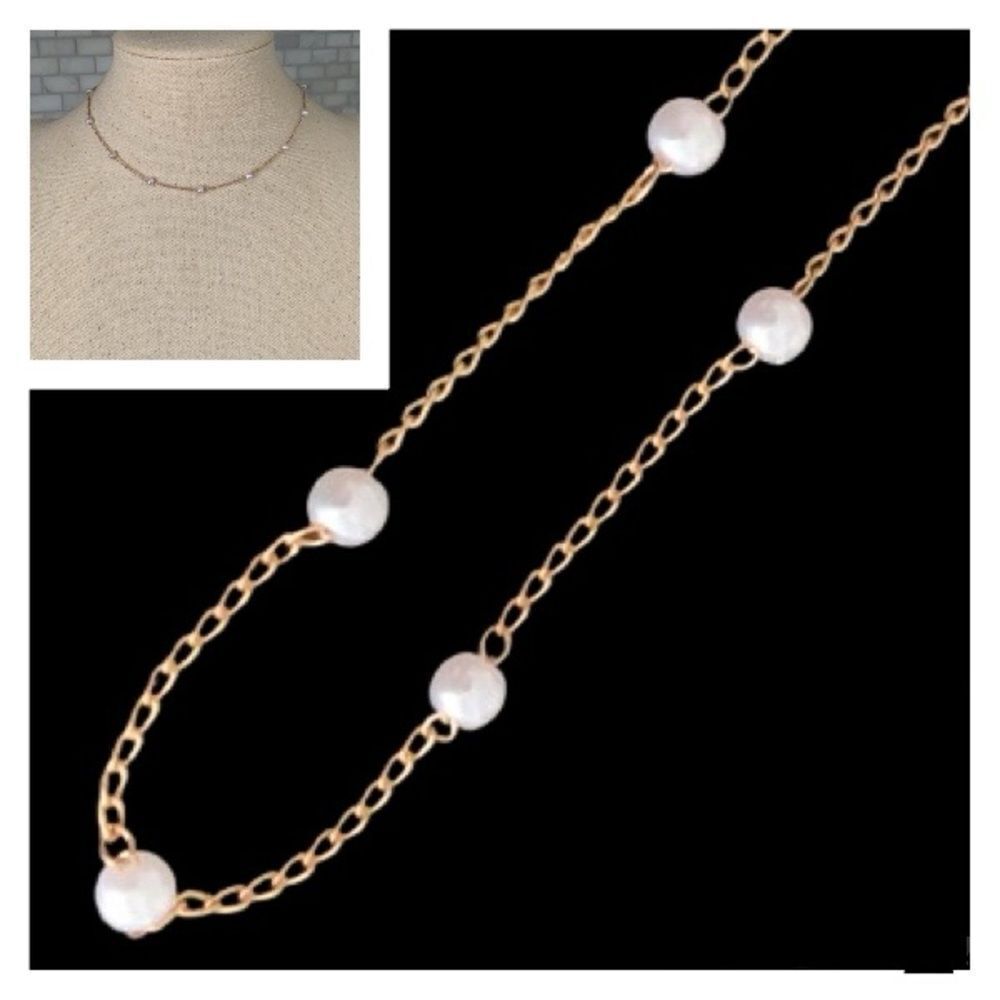 Faux Pearl Dainty Gold Tone Station Necklace - Minimalist Charm, Maximum Impact